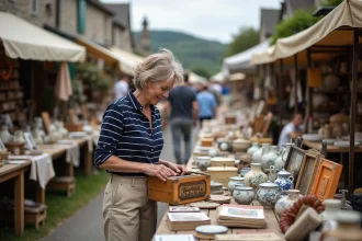 Femme bretonne parcourant les étals d'un vide grenier de village dans le Finistère, ambiance authentique et objets vintage