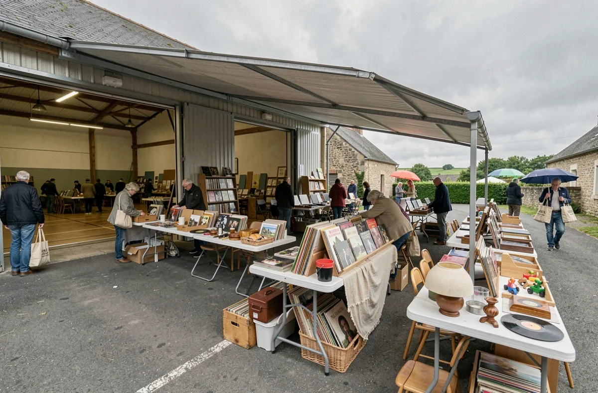 Vue d'ensemble d'un vide grenier de village abrité dans un gymnase en Morbihan par ciel couvert le week-end