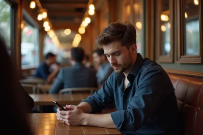 Jeune homme consulant son téléphone dans un café parisien, illustrant la curiosité autour de la vie privée d'une personnalité publique
