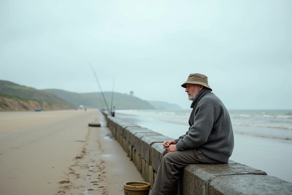 Vieux pêcheur solitaire assis sur un muret face à la plage et à la mer à marée basse au Guilvinec
