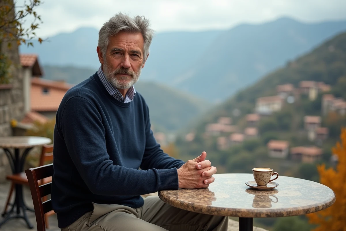 Homme attablé dans un café de village corse en automne, avec vue sur les vallées et le feuillage coloré de l'arrière-pays