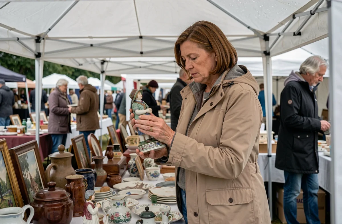 Femme examinant une figurine en porcelaine dans un vide grenier abrité sous tente par temps de pluie en Bretagne