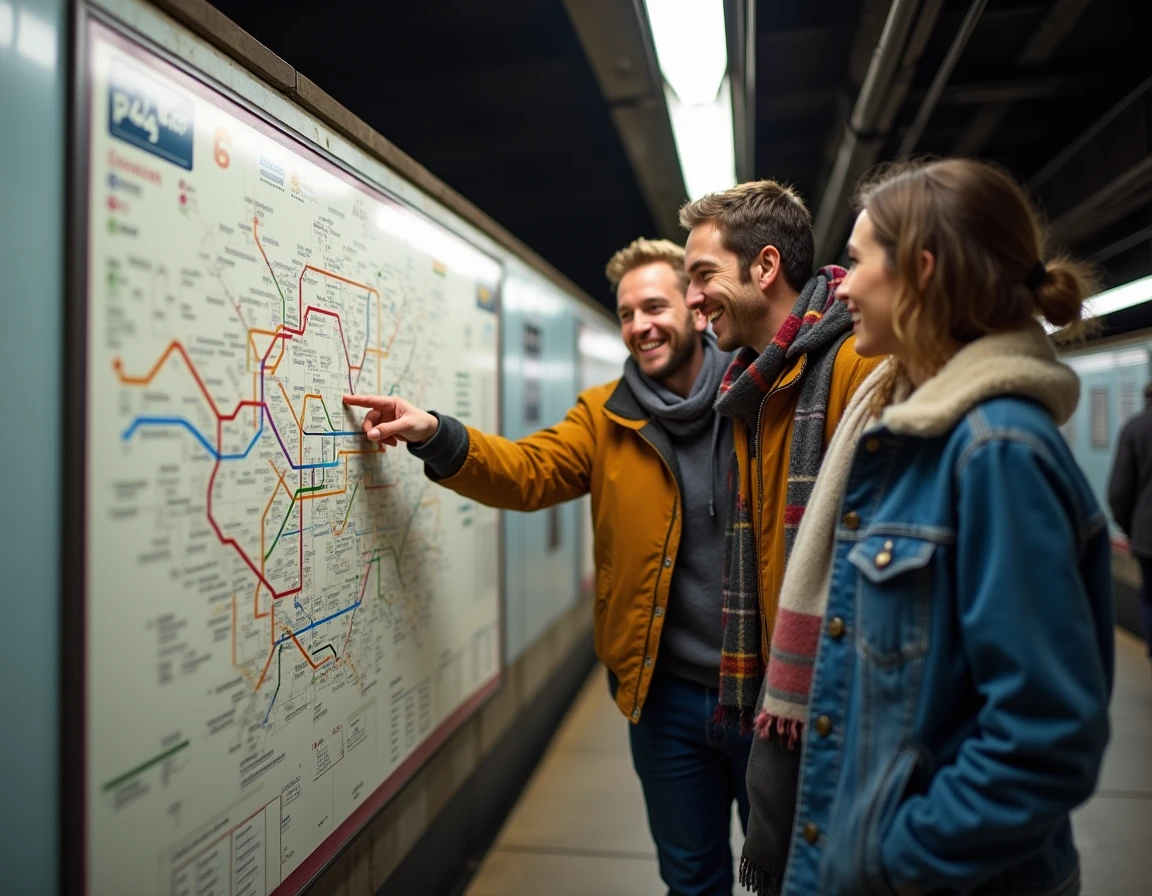 Groupe de voyageurs étudiant ensemble la carte du métro ligne 6 affichée dans une station parisienne