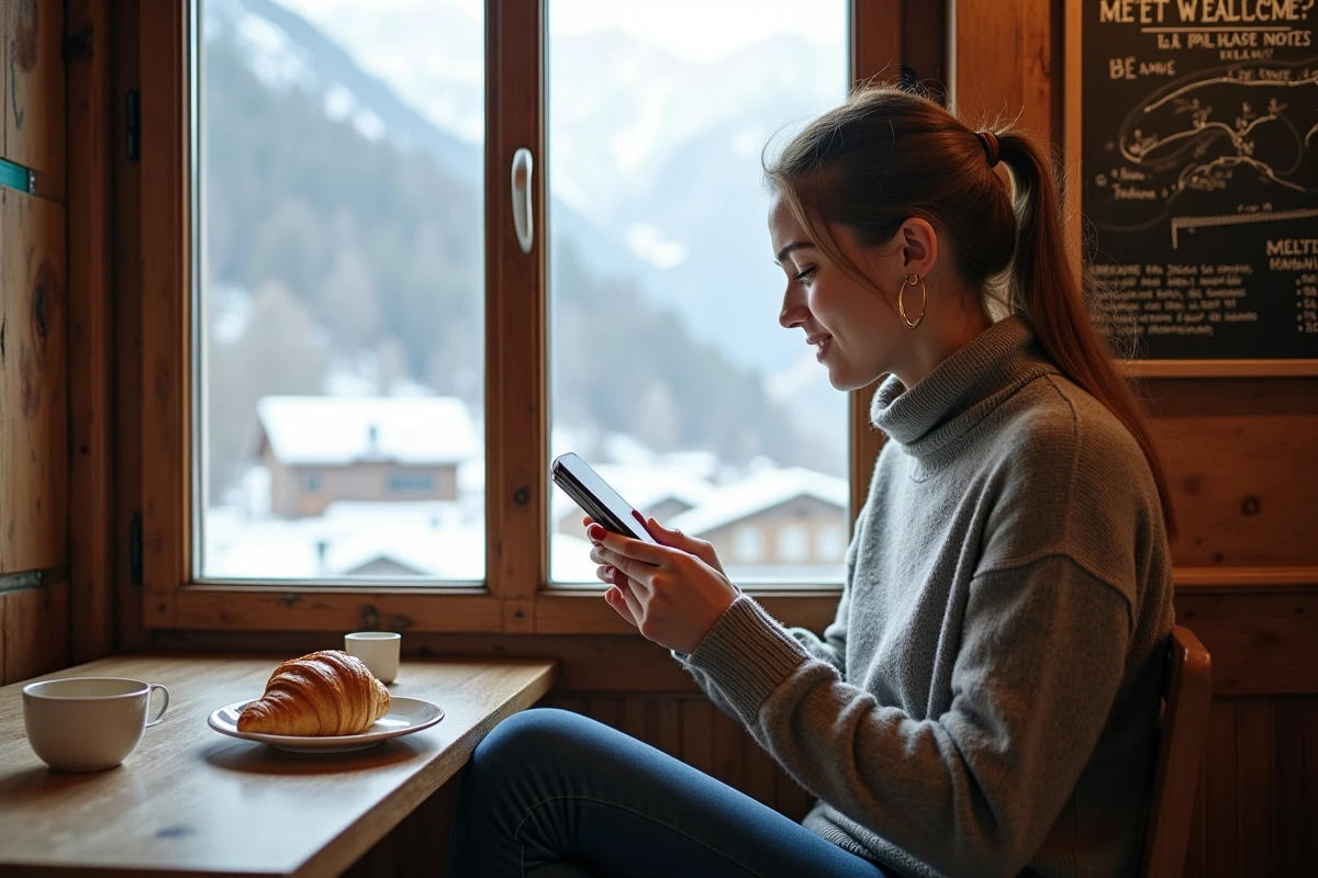 Voyageuse organisant son séjour en Savoie depuis un café de montagne