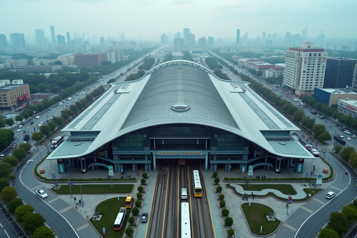 Vue aérienne extérieure de la plus grande gare ferroviaire du monde avec sa structure en verre et acier dominant le paysage urbain