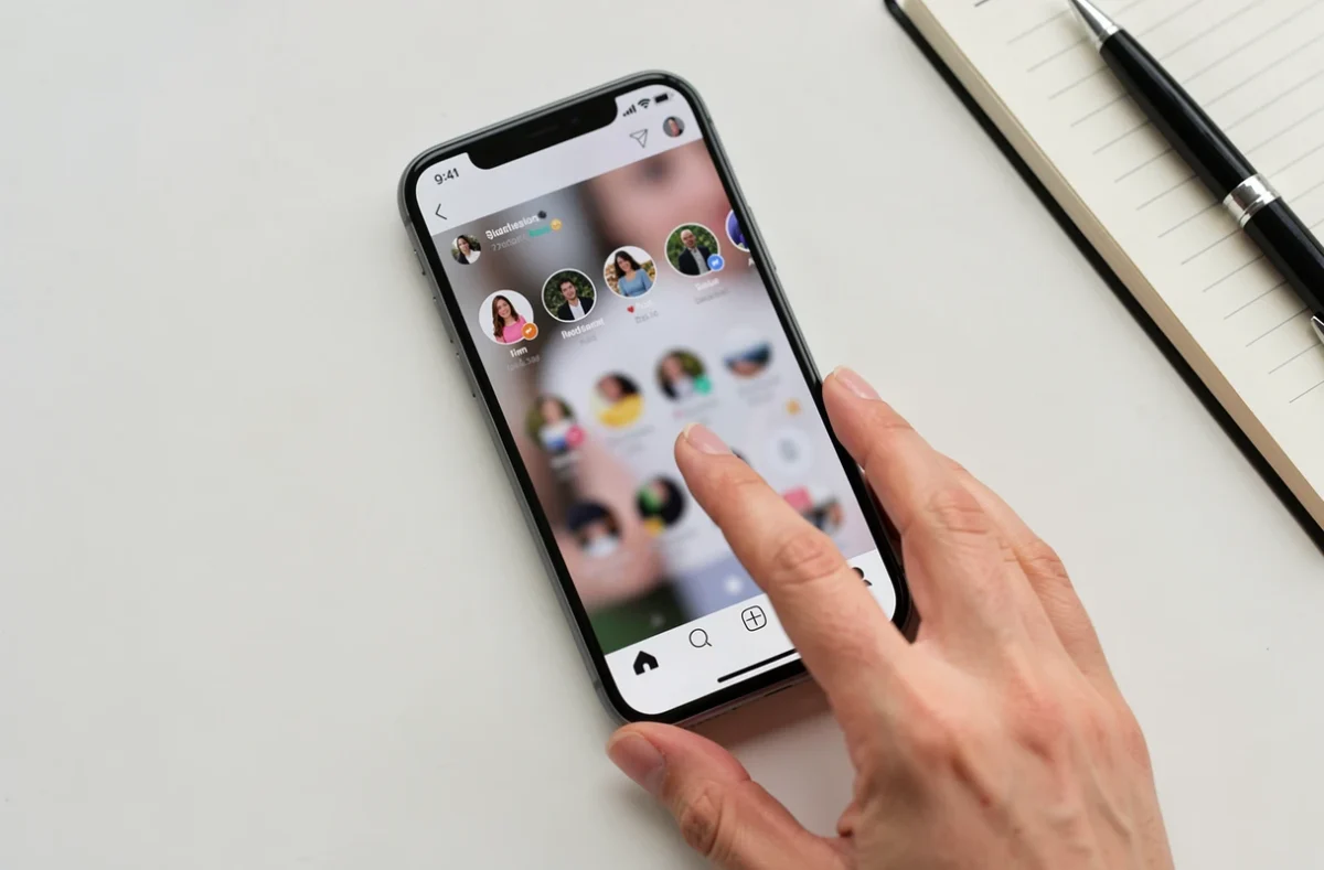 Vue aérienne d'un smartphone affichant une interface de story Instagram avec une main prête à naviguer anonymement