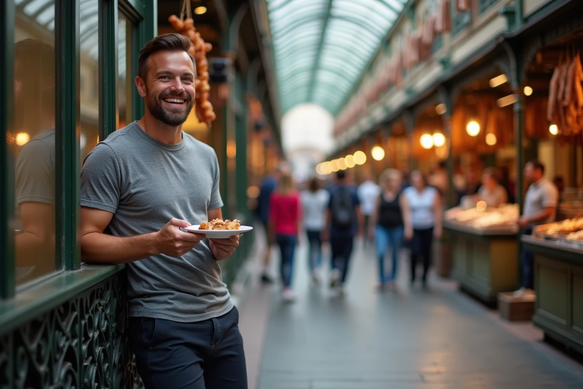 Homme dégustant des tapas au Mercado de San Miguel lors d'un week-end à Madrid